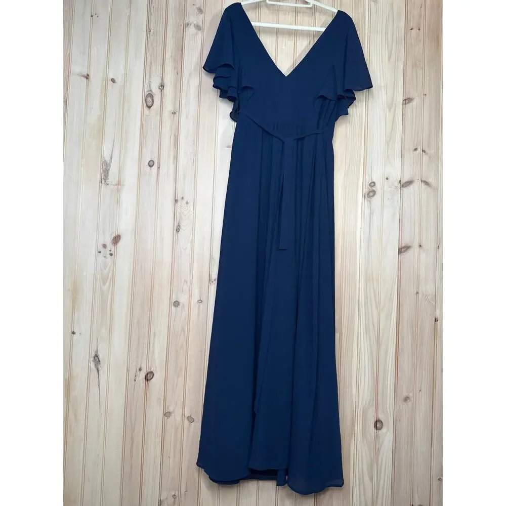 NWT Lulus Convincing Grace Navy Blue Flutter Sleeve Wrap Maxi Dress Wedding L
